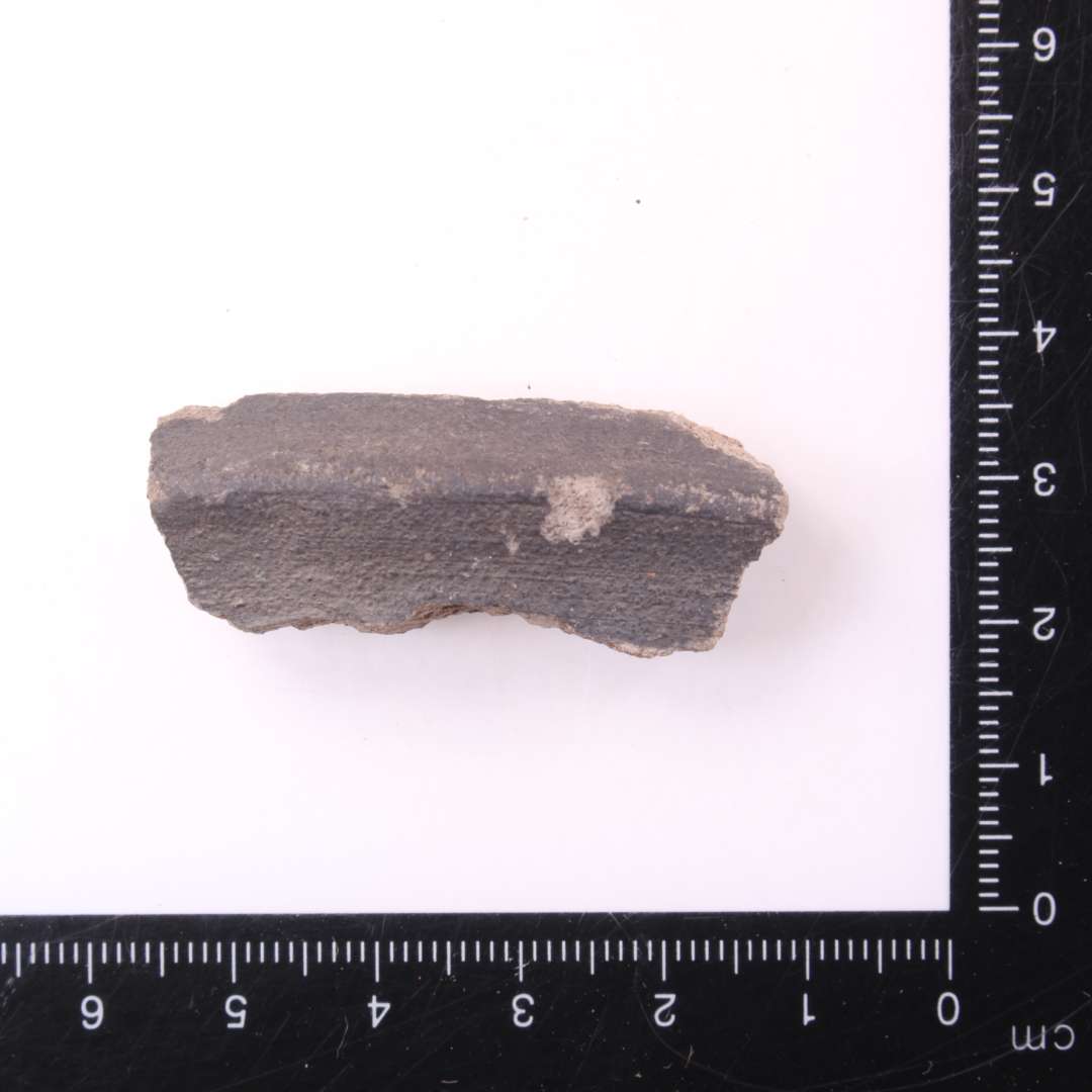 1 randsk�r af blau-grau vare med skarpkantet vulst under randen.�