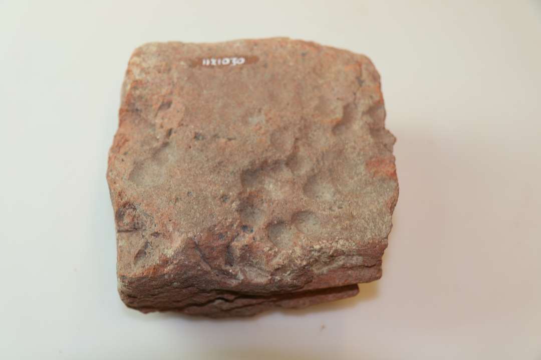 � munkesten med to aftryk af dyrespor. Hundepote? M�l ca. 13 x 13 x 8 cm.