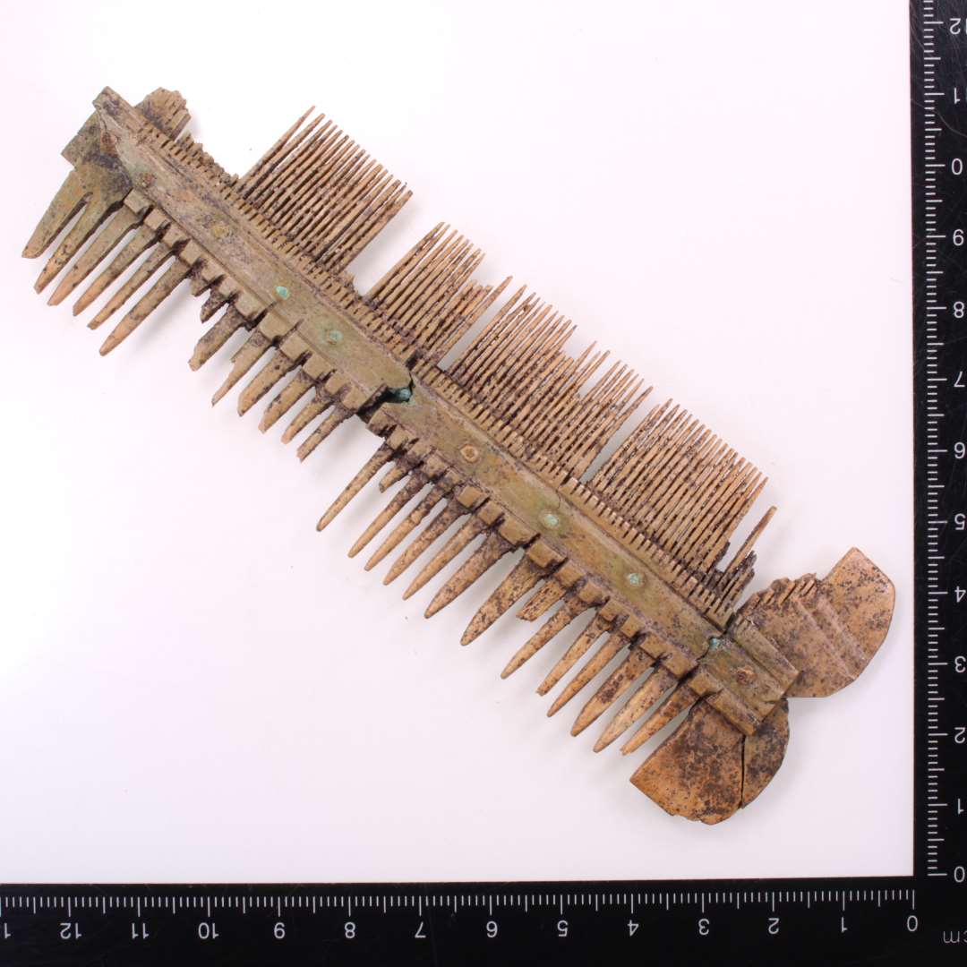 Sammensat dobbeltkam med dobbeltbuet endeplade, n�sten komplet, l�ngde 13,4 cm. Skinnerne udstyret med en langs�ende fure p� hver side af nitterne.