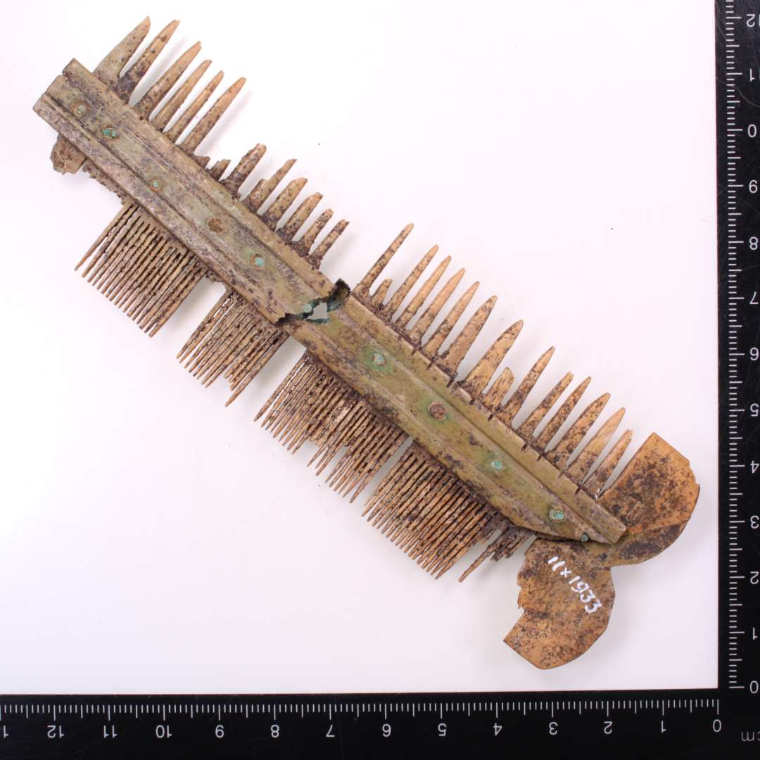 Sammensat dobbeltkam med dobbeltbuet endeplade, n�sten komplet, l�ngde 13,4 cm. Skinnerne udstyret med en langs�ende fure p� hver side af nitterne.