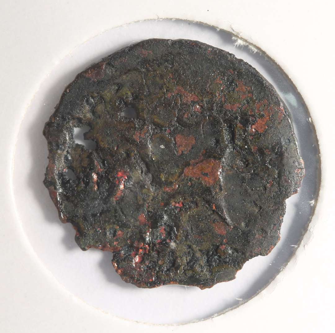 Rx 114: 2 sammenkittede m�nter (m�ntskat!).�Kan p.t. ikke bestemmes. B�r renses (JCM).
Fotos ogs� af korrosionsskaller.
P� den ene m�nt ses stjerne ala MB544 (mfl).

(NM har m�rkv�rdigvis talt m�nterne som fire (146-149). De to af dem er dog korrosionsskaller fra de to egentlige m�nter).

NM 2020:
M�nt, kraftigt korroderet. 