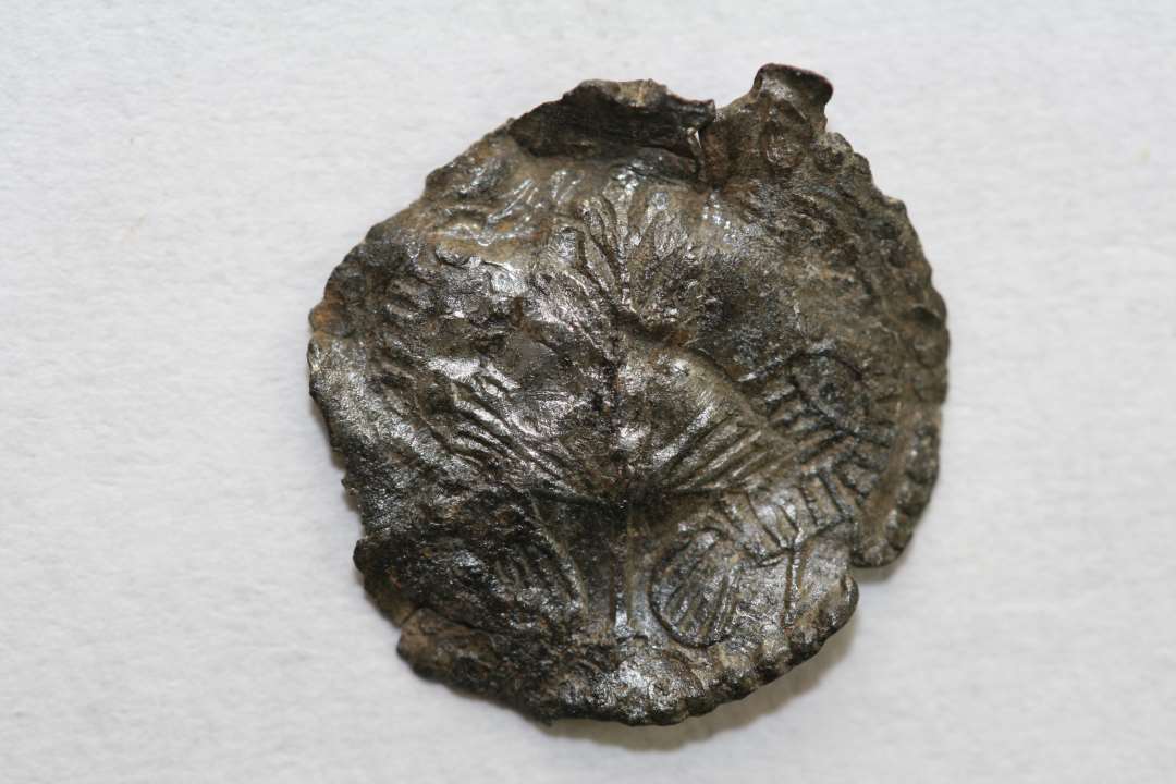 Lille rundt metalm�rke.�Foroven anes rester af et �sken. P� forsiden to fugle med ryggen til hinanden, men vendende hovedet mod midten, hvor en plante eller et tr�?. P� bagsiden intet pr�g. Diameter: 1,1 cm. S�kaldt 