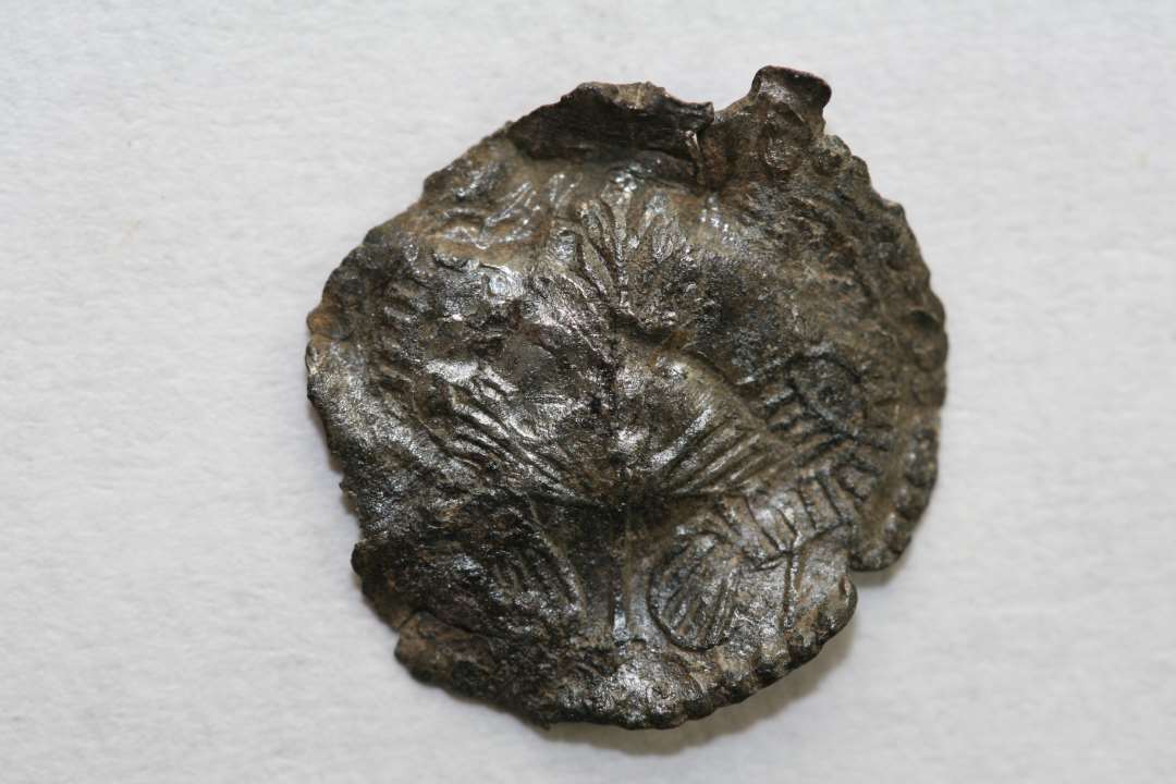 Lille rundt metalm�rke.�Foroven anes rester af et �sken. P� forsiden to fugle med ryggen til hinanden, men vendende hovedet mod midten, hvor en plante eller et tr�?. P� bagsiden intet pr�g. Diameter: 1,1 cm. S�kaldt 