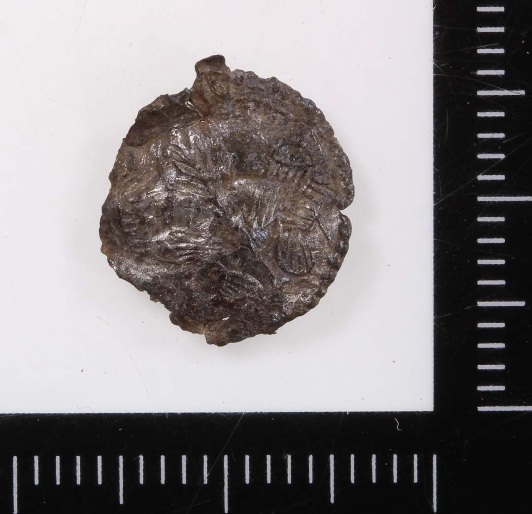 Lille rundt metalm�rke.�Foroven anes rester af et �sken. P� forsiden to fugle med ryggen til hinanden, men vendende hovedet mod midten, hvor en plante eller et tr�?. P� bagsiden intet pr�g. Diameter: 1,1 cm. S�kaldt 
