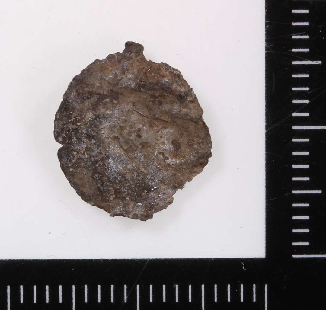 Lille rundt metalm�rke.�Foroven anes rester af et �sken. P� forsiden to fugle med ryggen til hinanden, men vendende hovedet mod midten, hvor en plante eller et tr�?. P� bagsiden intet pr�g. Diameter: 1,1 cm. S�kaldt 