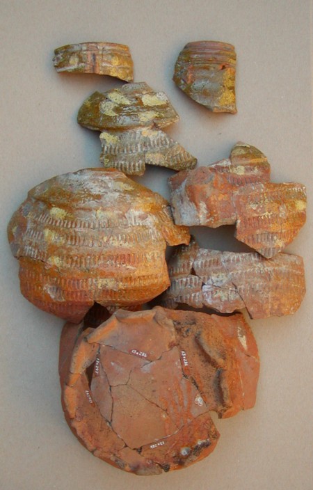 Fra samme kande. Best�r ogs� af sk�r fra x247. Flamsk (?) rullestemplet rundbuget kande p� b�lgefod, � 13 cm. Opr. h�jde ca. 25 cm. Udsmykket med tilf�ldigt udseende pletter af pibeler p� korpus og skulder. Bugen er helt d�kket af oml�bende simple rullestempler. Profileret, let fortykket rand. hvor der ogs� synes at have v�ret dekoration med pibeler og p�lagt lerdekoration., som m�ske har dannet et hoved (dyr/menneske?) 