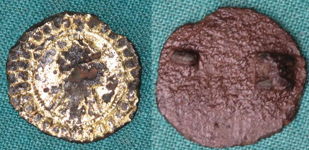 Karolingisk pseudo-m�ntfibula. Noget medtaget p� overfladen, der ellers generelt er med bevaret forgyldning. Der anes en h�jrevendt buste med ansigt i profil, antagelig med dragt og evt. med diadem eller (str�le?-)krone. Midterfladen er mod kanten afgr�nset af inderst en ganske fin og tyndperlek�de og yderst af 1-2 r�kker grove perler. P� bagsiden ses rester af n�lef�ste og -skede. St�rste diameter: 26 mm.