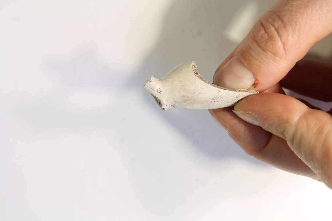 Fragmenteret kridtpibehoved, p� h�len stemplet med et kronet 64, p� siden et rektangul�r, med et ul�seligt stempel hvorover et S