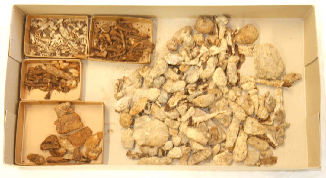 En st�rre samling st�rkt forrustede jernklumper, hvoriblandet kan skelners talrige s�m og s�mfragmenter.