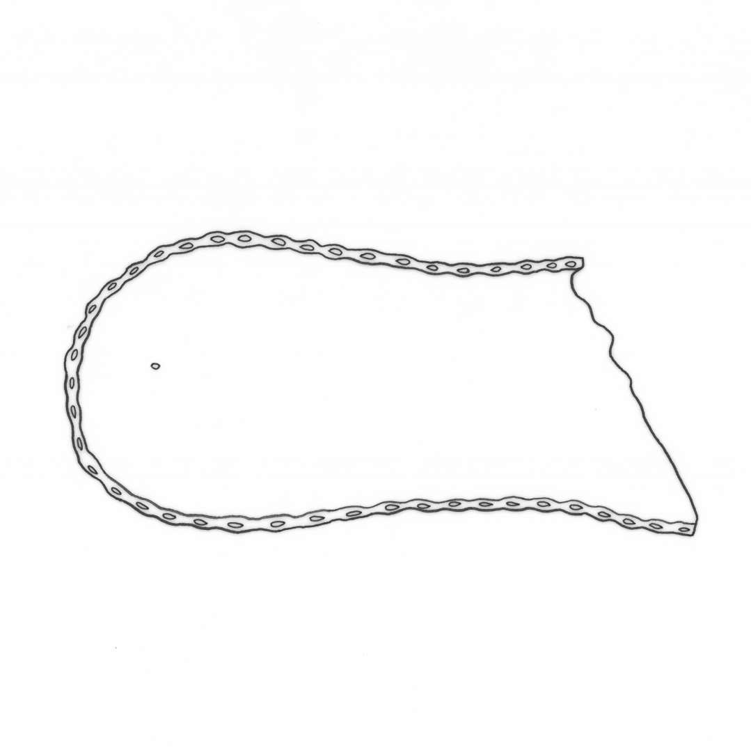 1 s�l, 1 stykke overl�der, 1 stykke l�der med syning, Overl�derfragment:�St�rst L�ngde 16 cm. St�rst Bredde ca. 18 cm. Forpartiet af et kraftigt Overl�der til en voksen Sko med bredt afrundet N�separti. De fleste Saale og S�mkanter er Bevaret: Saalfragment, l�der: St�rste L�ngde: ca. 13,8 cm. H�lpartiet af Skosaal til voksen Person skraat afrevet Svangen. Overl�der fragment: St�rste L�ngde: 16 cm. St�rste Bredde: ca. 6,5 cm.�Overl�derfragment fra Side- eller H�lparti af Sko. S�mkanterne i Siderne er bevaret, medens S�mkanten mod Saalen til dels er borte. Er antagelig samh�rende med Overl�deret R03761.