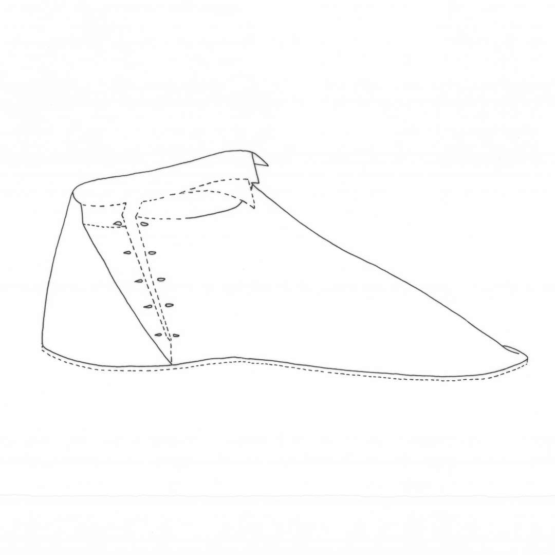 11 stk. l�der, heraf 6 stk.bevaret: St�rkt indt�rret og forrevet Overl�derfragment af sko antagelig til halvvoksen Person. Nedenfor Udsk�ringen der danner Fodaabningens ene Forkant findes et lille tv�rgaaende oprindelig sammensyet Indsnit. Sammensyning ved Skraasnit i Siden hvor en kile der har dannet en Del af Fodaabningen og dens anden Forkant mangler. S�mspor af Kantbaand langs den bevarede Del af Fodaabningens Rand. Ingen Spor af Lukkeanordning. �St�rste Maal ca 19 x 33 cm. St�rkt forrevet og indt�rret Overl�derfragment af Sko antagelig til halvvoksen Person. Nedenfor Udsk�ringen der danner Fodaabningens ene Forkant findes et lille tv�rgaaende Indsnit. Skraa Tilsk�ringssnit i Siden, hvor en Kile, der har dannet en Del af fodaabningen og dennes anden Forkant mangler. S�mspor langs den bevarede Rand af fodaabningen fra et kantbaand. Midt p� Siden ca 2,5 cm. under fodaabningens Kant findes et Par lodrette gennemstukne �jer, som en Sn�rerem har l�bet igennem. St�rste Maal ca 18 x 28 cm.�Kantbaand, l�der: Fragment af Kantbaand antagelig fra Sko. Tildannet af en ca 1,5 cm. bred L�derstrimmel, der er omb�jet og forsynet med lodrette gennemskaarne �jer anbragt med 2 � 3 mm's Mellemrum. Tydelige S�mspor langs Randene paa Underkanten, hvor der n�r Stykkets ene Ende findes et bueformet Indhak af Hensyn til Baandets Omb�jning. St�rste L�ngde ca. 22,5 cm. St�rste Bredde ca. 0,7 - 9,8 cm. Saalfragment, l�der: Separat tilskaaret H�lparti af Saal af tyndt L�der (Bindsaal) til voksen Person. St�rste Maal ca. 6 x 7 cm. Overl�derfragment (?): Lille L�derstykke af sk�v rektangul�r Form med s�mspor langs to af Kanterne N�r Stykkets ene Hj�rne samt omtrent paa dets Midte findes et gennemskaaret �je. St�rste Maal ca. 6 x 7 cm.