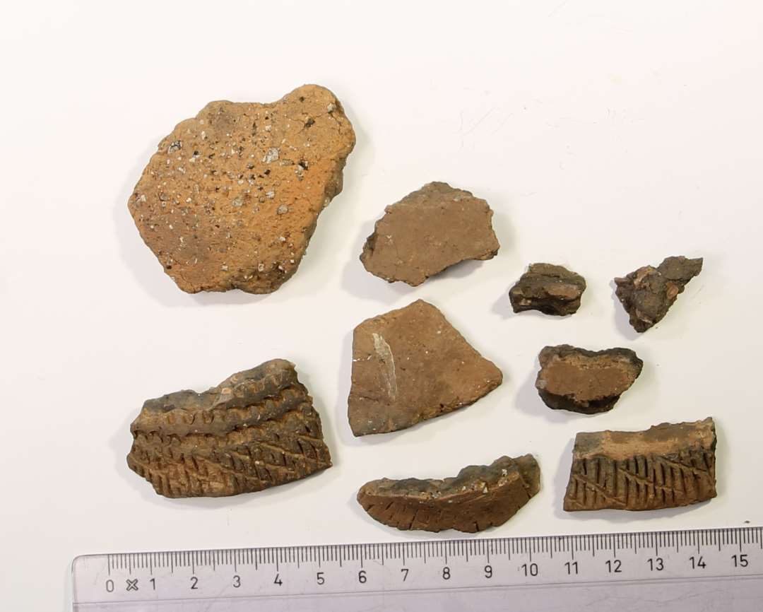 7 bugsk�r fra diverse kar, heraf 1 ornamenteret.�Datering Mn 1b-2.�