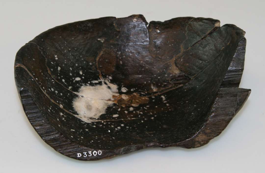 1 st�rkt fragmenteret sk�l af elletr� best�ende af et udsnit fra rand til rand samt 5 st�rre og 3 mindre samh�rende stykker. Sammenlimet. Sk�len synes udsk�ret af en bl�d l�vtr�ssort og udviser svage sk�ringsfacetter p� ydersiden. Spor af huljern indvendigt. Sk�len har plan underside, ca. 9 - 10 cm. i diameter, der uden markering af standflade runder sig op i ret stejle sider. Mundingsranden er glat afrundet. En revne i v�gsiden er repareret ved inddrivning. Af en indtil 1 cm. tyk tr�kile, der stikker frem p� ydersiden som en indtil 1,2 cm. h�j afrundet kam bevaret i ca. 6 cm.s l�ngde. Sk�lens h�jde ca. 7,5 cm. diameter ca. 20 cm. V�gtykkelsen varierer fra ca. 1,2 cm. i bunden til 1,8 cm. i siden.�Sk�lens h�jde ca. 7,5 cm. diameter ca. 20 cm. v�gtykkelsen varierer fra ca. 1,2 cm. i bunden til 1,8 cm. i siden.