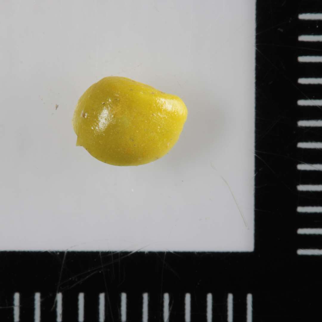 1 fragment fra kugleformet perle af gult ugennemsigtigt glas.�Diameter: ca. 0,5 cm.�Tykkelse:        0,4 cm.