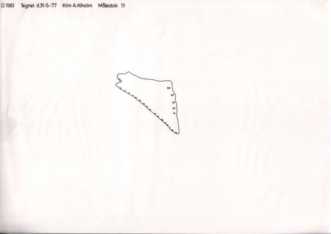 Tresidet stump overl�der antagelig fra sko til voksen person. Medens fragmentets ene side er uregelm�ssigt afrevet, udg�r den anden l�ngste side en kant mod s�l med bevarede syhuller. Den tredie side udviser dels syspor indtil 3 cm. fra s�lekanten og oven herfor 5 sn�rehuller anbragt med  fra 1/2 - 3/4 cm's indbyrdes afstand. Fragmentet hidr�rer antagelig fra sko med bred side�bning lukket med sn�ring. St�rste l�ngde: 11,5 cm. St�rste bredde: 4,7 cm.