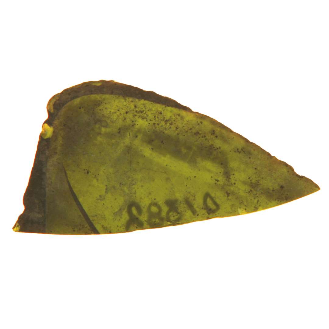 1 rudefragment af dybgr�n glas med afnappede kanter. Kun i det ene hj�rne er der bevaret spor af bemaling med brunlig farve i form af en bred stribe, der f�lger en del af rudens yderrand samt en tynd stribe der synes at afgr�nse et oval ubemalet midterfeld. Mellem denne tynde stibe og den brede randstribe findes et parti med bemaling i ganske tynd brunlig, gennemsigtig farve. Form af et afbrudt, afrundet, tresidet hj�rne, muligvis af en s�kaldt 'Englevingerude'�Fragmentets st�rste m�l: 5,4 cm.