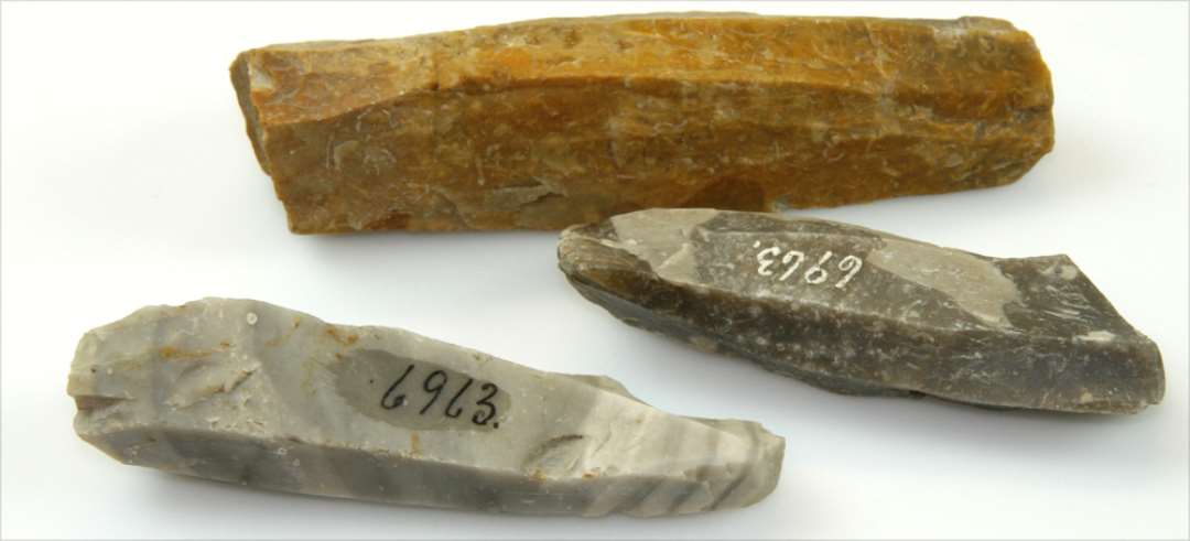 Tre flintblokke. L�ngde: 9-11,5 cm. Cylindrisk form med afspaltningsflader hele rundt.